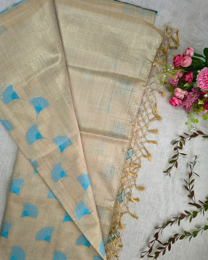 Semi Silk Saree with floral deisgn - Beige & Blue