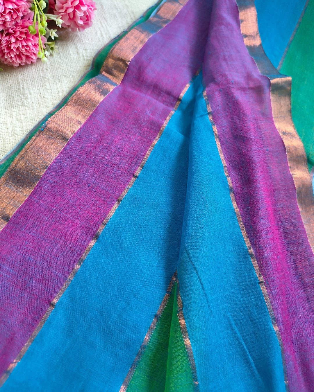 Premium Rainbow Mul Cotton Handloom Saree with Beautiful tassels - Blue