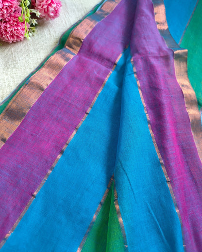 Premium Rainbow Mul Cotton Handloom Saree with Beautiful tassels - Blue
