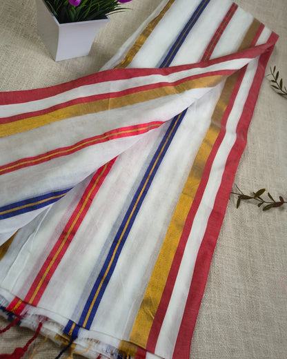 Onam Sarees - 120 tc Mul Cotton Handloom Saree - Multi Color Golden Stripes