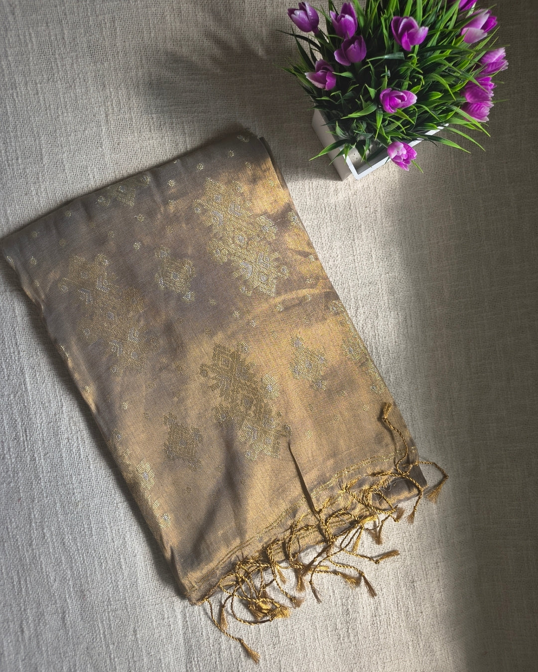 Soft Linen Tissue Saree with Golden Silver Zari weaving - Golden Silver MammaHug