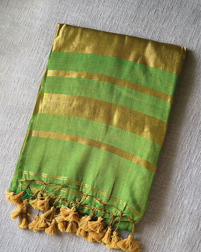 Soft Linen Tissue Saree Plain - Golden Green MammaHug