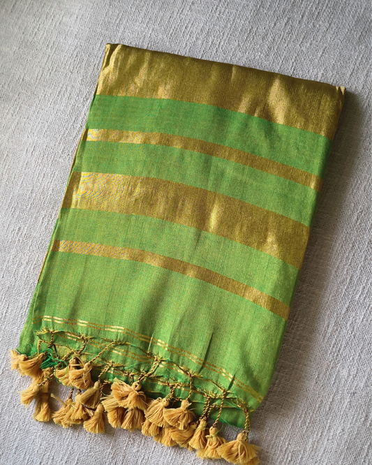 Soft Linen Tissue Saree Plain - Golden Green MammaHug
