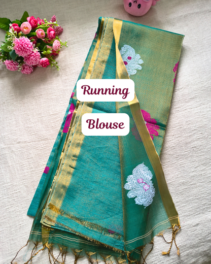 Handloom Tissue Linen with Jamdhani Weaving Buttas - Turquoise