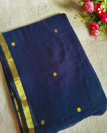 Mul Cotton Handloom Saree with Coin Design - Navi Blue MammaHug