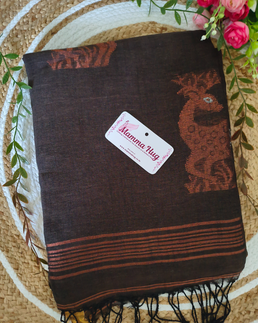 Premium Linen By Linen Handloom Saree - Brown