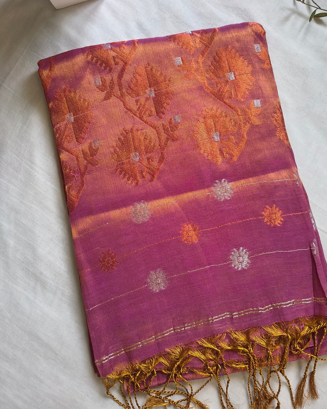 Soft Linen Tissue Saree with Hand Woven Buttas - Onion Pink MammaHug