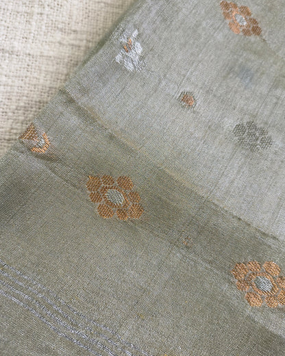 Soft Linen Tissue Saree with Golden Silver Zari weaving - Silver