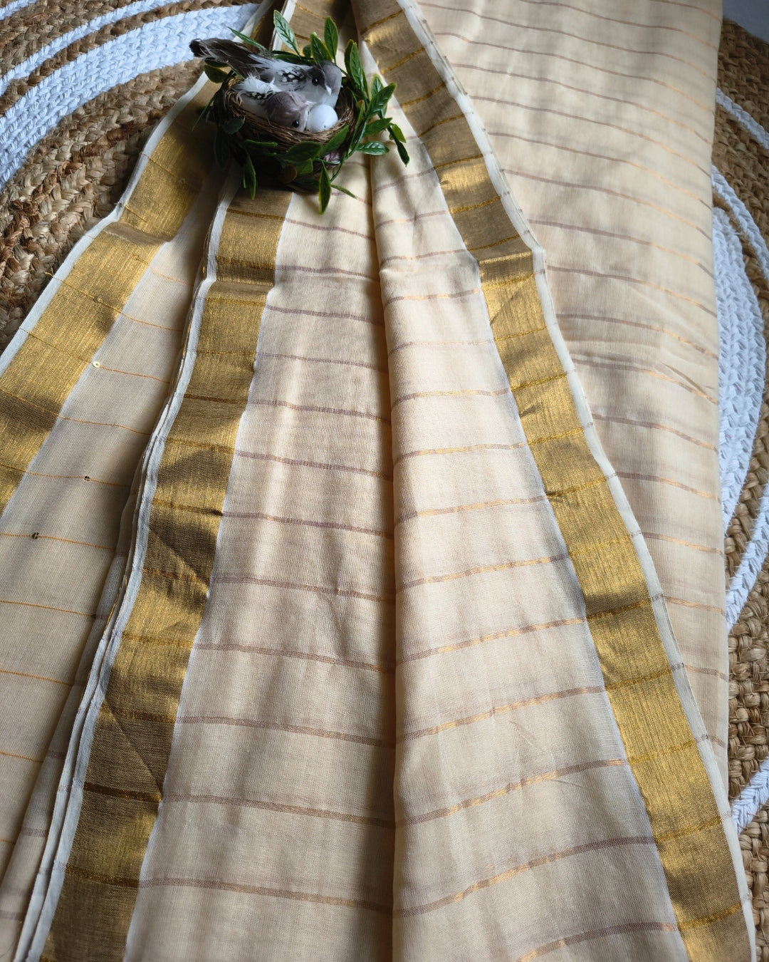 Handloom Mul Cotton Saree with Golden Stripes, Border and Sequence in Pallu - Sandal