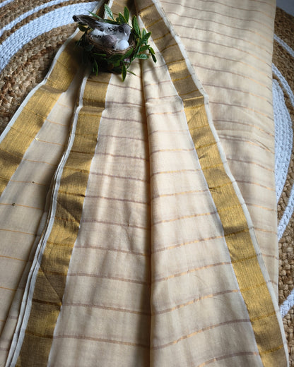 Handloom Mul Cotton Saree with Golden Stripes, Border and Sequence in Pallu - Sandal