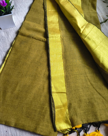 Pure Cottom Handloom Saree with Golden Border - Golden Olive