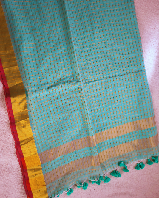 Mul Cotton Zari Checks Handloom Saree with contrast border - Sea Green MammaHug