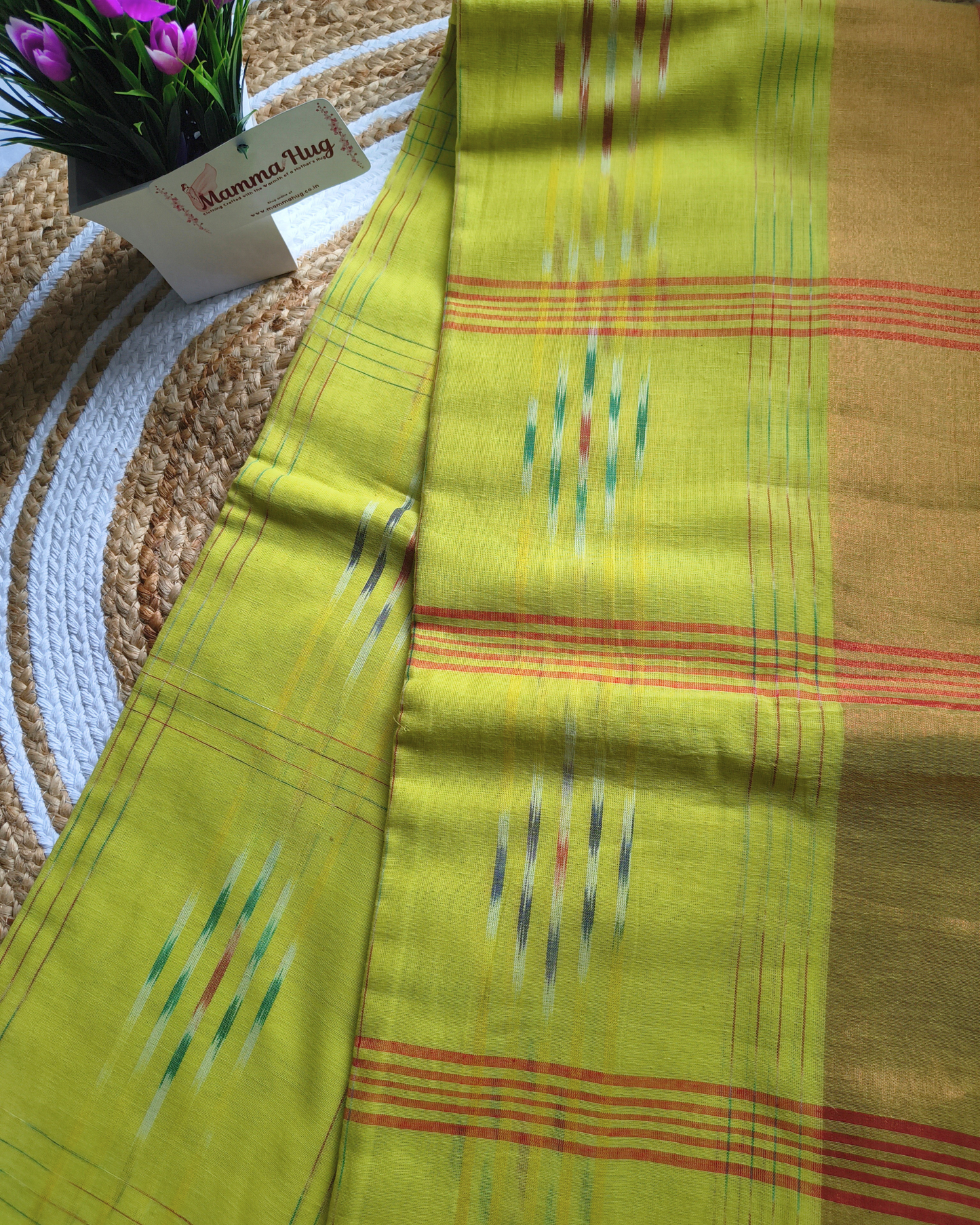 Pure Cotton Handloom Saree with Ikkat Design - Parrot Green