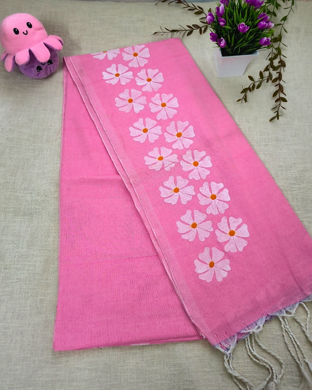 Khadi Cotton Handloom Saree Floral Painted - Pink