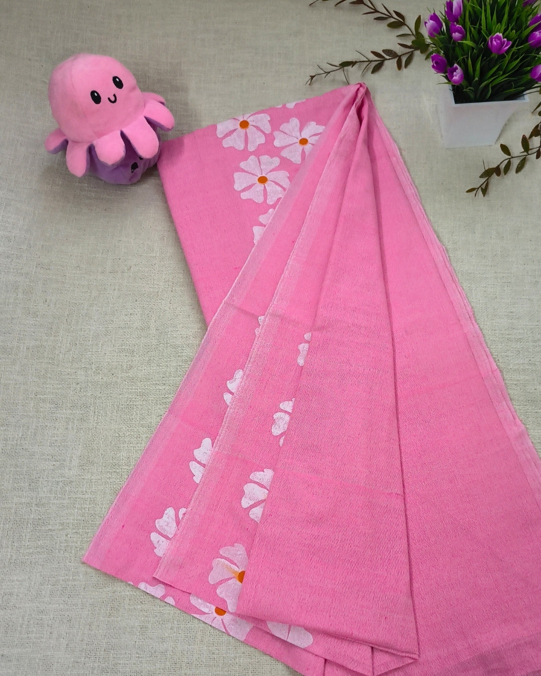 Khadi Cotton Handloom Saree Floral Painted - Pink