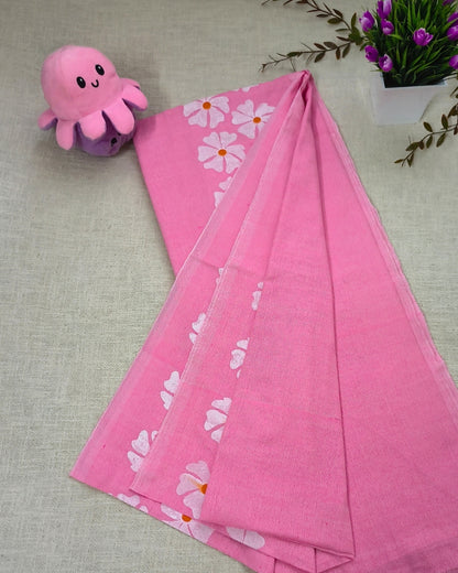Khadi Cotton Handloom Saree Floral Painted - Pink