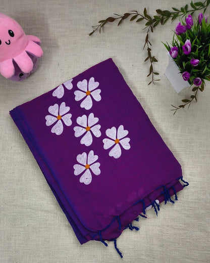 Khadi Cotton Handloom Saree Floral Painted - Dary Purple