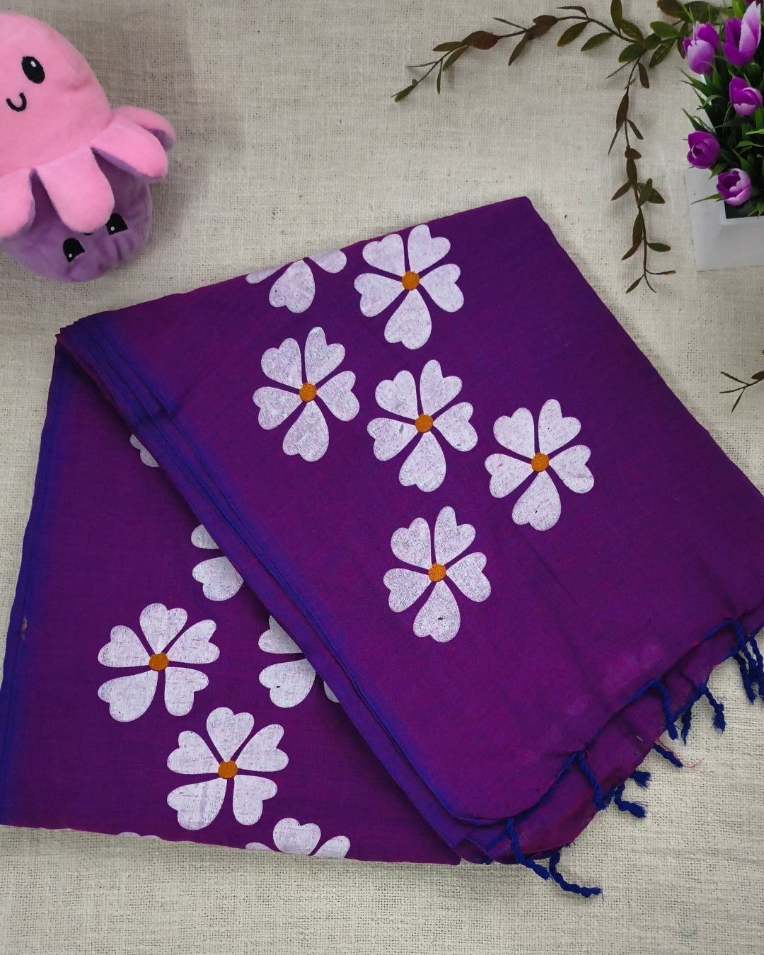 Khadi Cotton Handloom Saree Floral Painted - Dary Purple