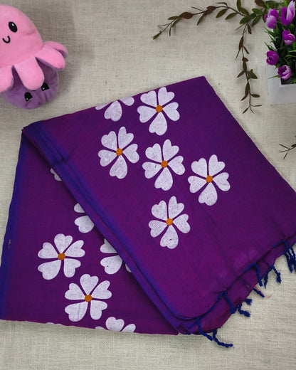 Khadi Cotton Handloom Saree Floral Painted - Dary Purple