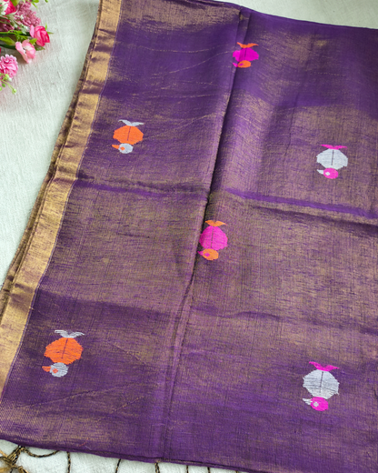 Pure Linen with Copper Zari Weaving & Jamdhani Buttas - Dark Purple