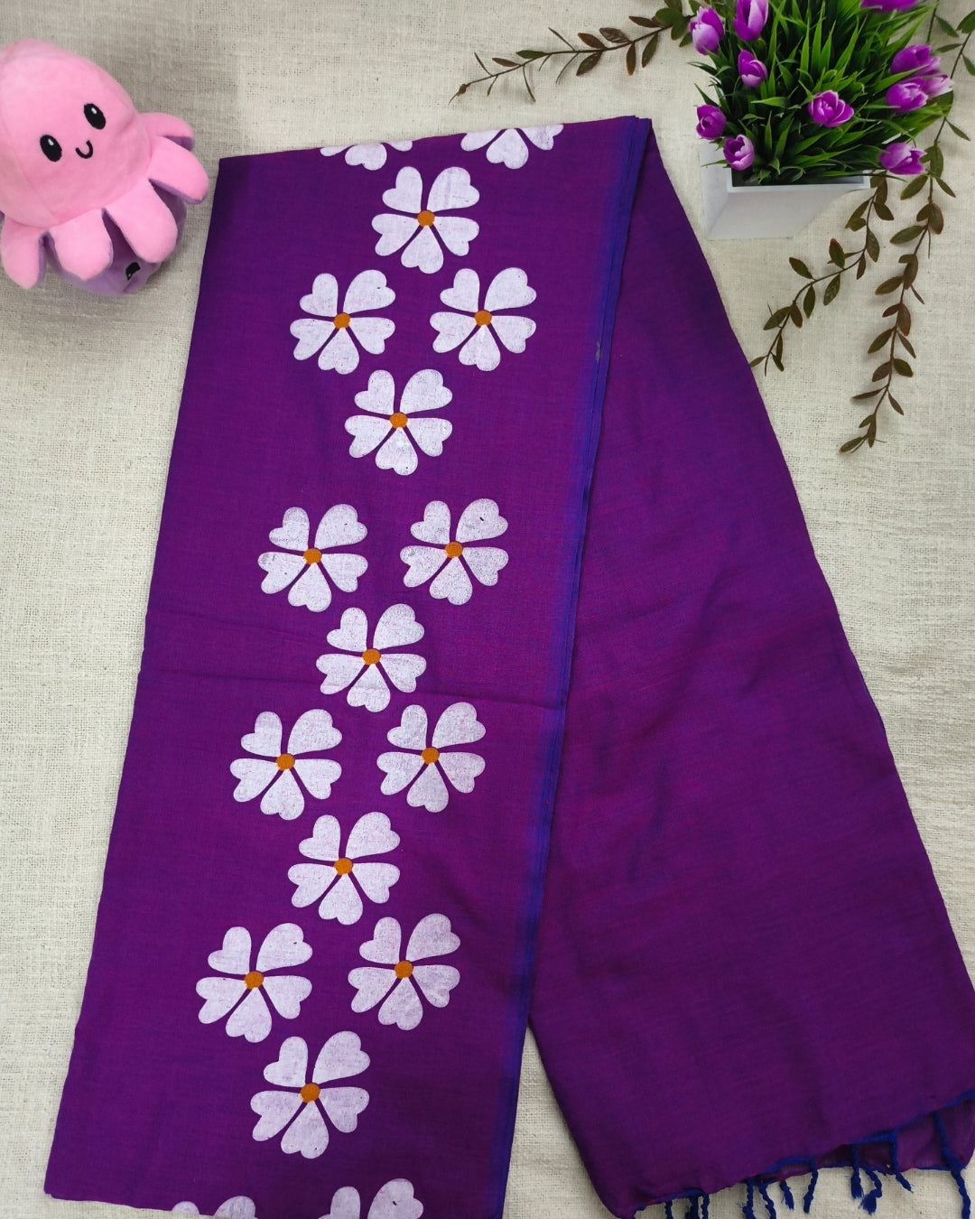 Khadi Cotton Handloom Saree Floral Painted - Dary Purple