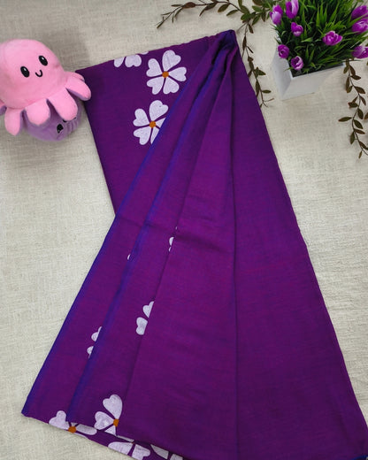 Khadi Cotton Handloom Saree Floral Painted - Dary Purple