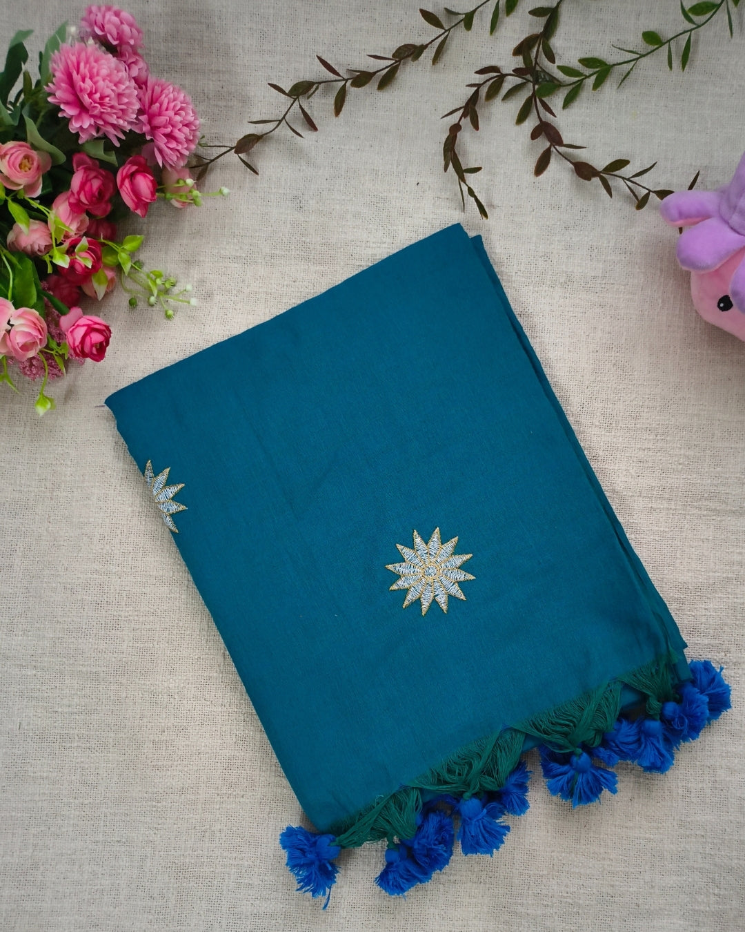 Khadi Cotton Handloom Saree Star Embroidery - Peacock Blue