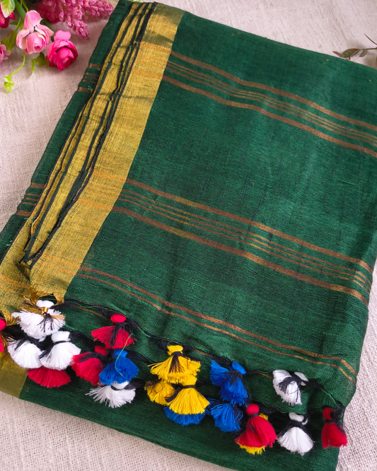 Premium Linen By Linen Handloom Saree - Bottle Green