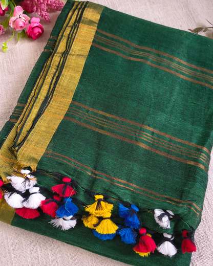 Premium Linen By Linen Handloom Saree - Bottle Green