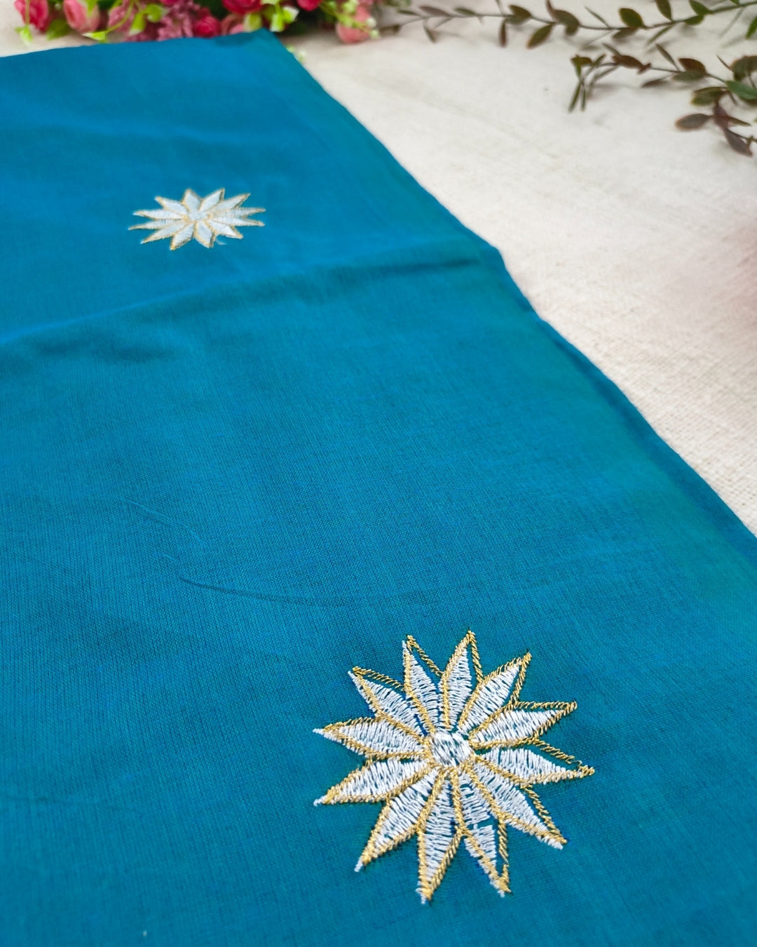 Khadi Cotton Handloom Saree Star Embroidery - Peacock Blue