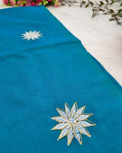 Khadi Cotton Handloom Saree Star Embroidery - Peacock Blue
