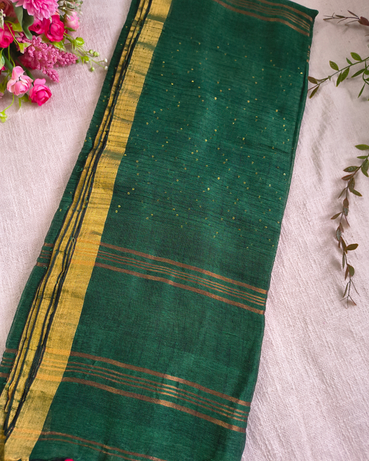 Premium Linen By Linen Handloom Saree - Bottle Green