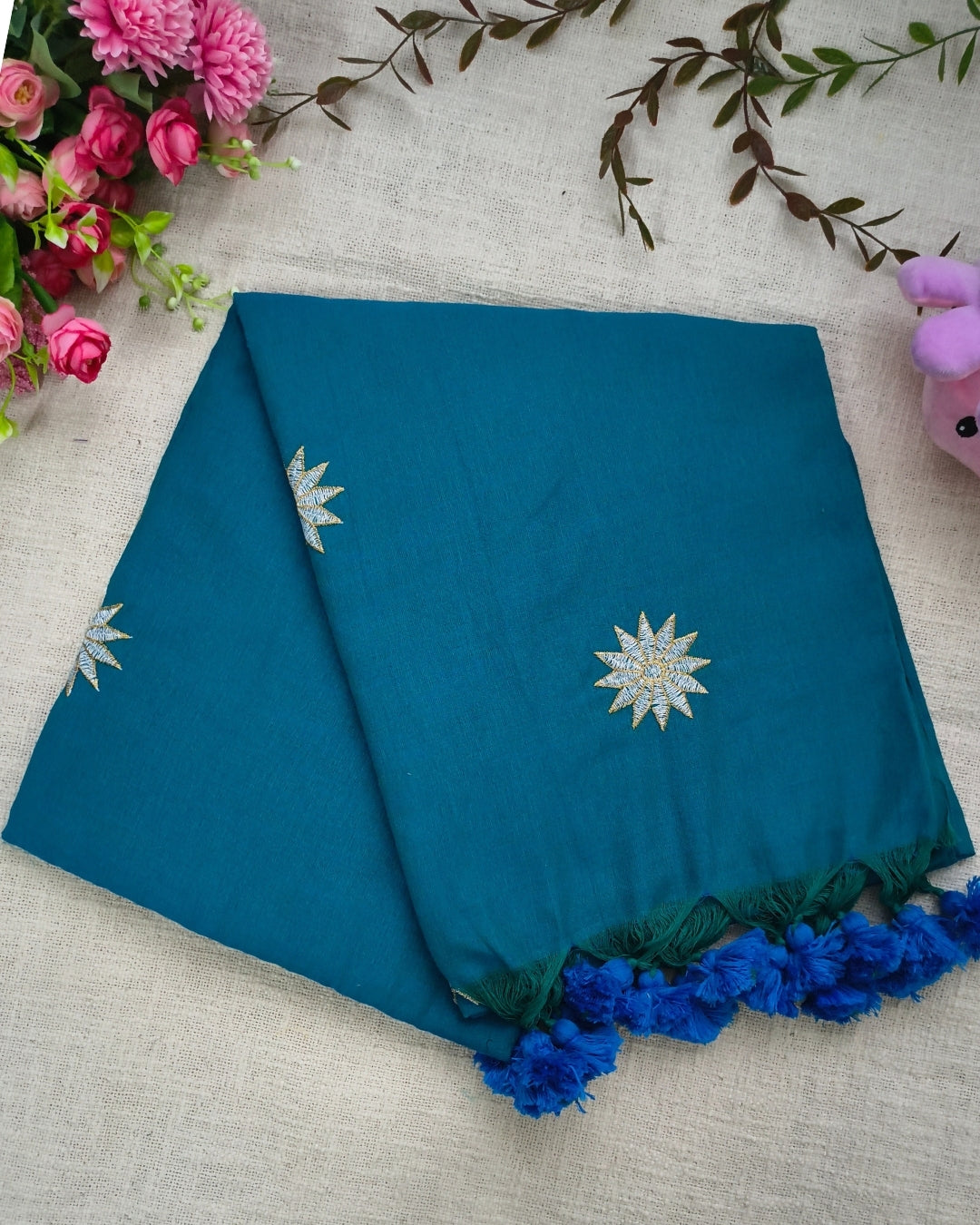 Khadi Cotton Handloom Saree Star Embroidery - Peacock Blue