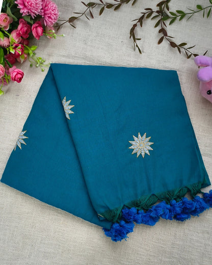Khadi Cotton Handloom Saree Star Embroidery - Peacock Blue