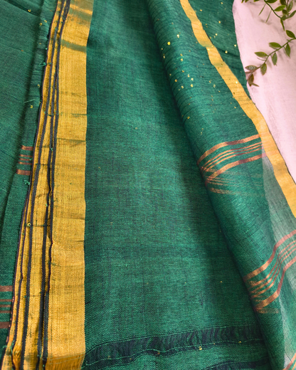 Premium Linen By Linen Handloom Saree - Bottle Green