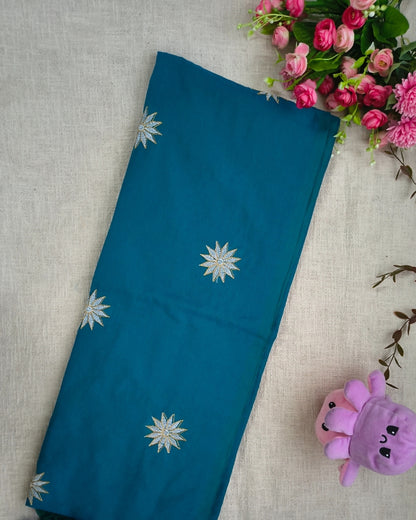 Khadi Cotton Handloom Saree Star Embroidery - Peacock Blue