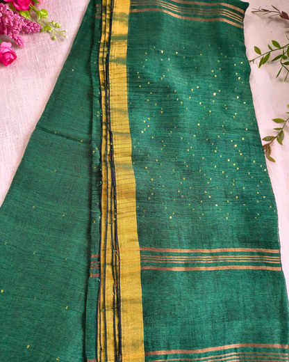 Premium Linen By Linen Handloom Saree - Bottle Green