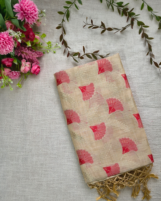 Semi Silk Saree with floral deisgn - Beige & Red