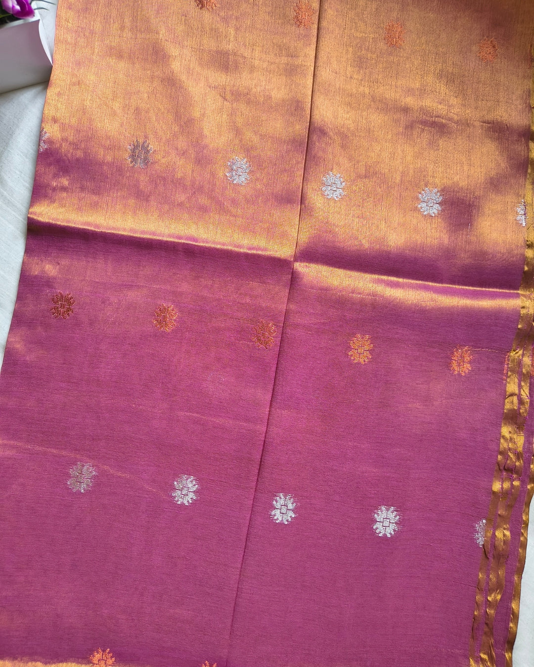 Soft Linen Tissue Saree with Hand Woven Buttas - Onion Pink MammaHug