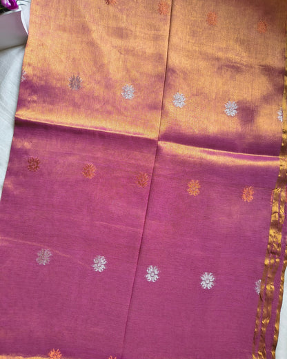 Soft Linen Tissue Saree with Hand Woven Buttas - Onion Pink MammaHug