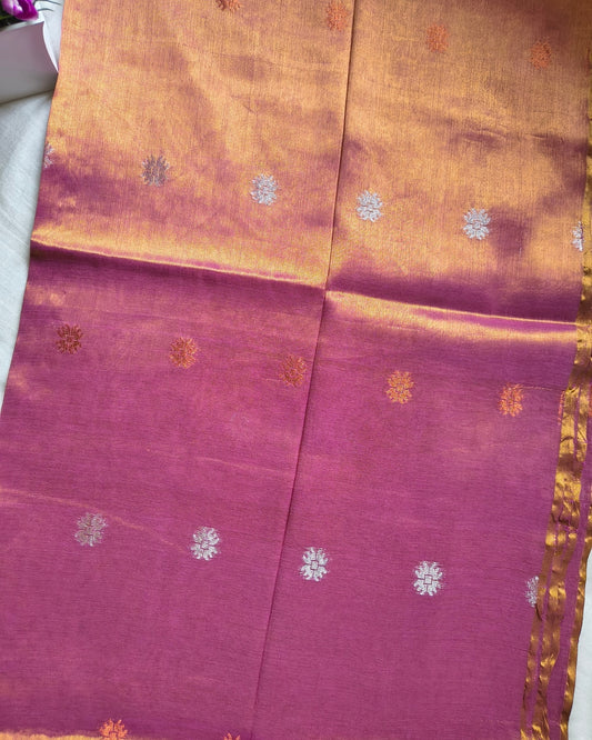 Soft Linen Tissue Saree with Hand Woven Buttas - Onion Pink MammaHug