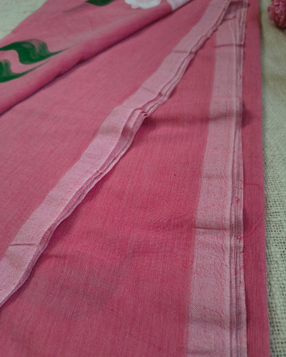 Soft Cotton Handloom Saree with Hand-Painted Floral Design - Pastel Pink