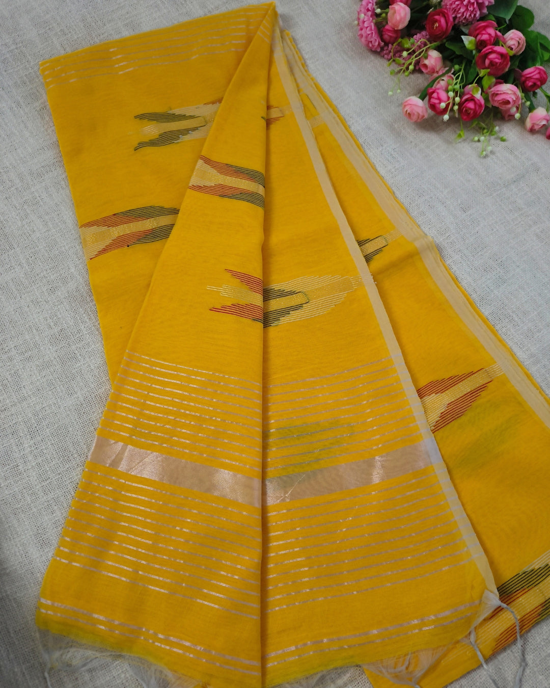 Cotton Silk Handloom Saree Woven with Silver Zari - Mango Yellow
