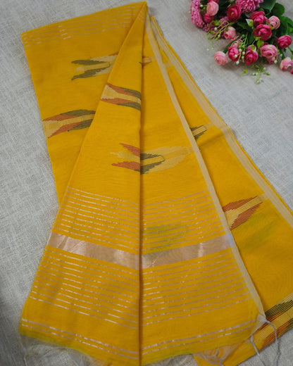 Cotton Silk Handloom Saree Woven with Silver Zari - Mango Yellow
