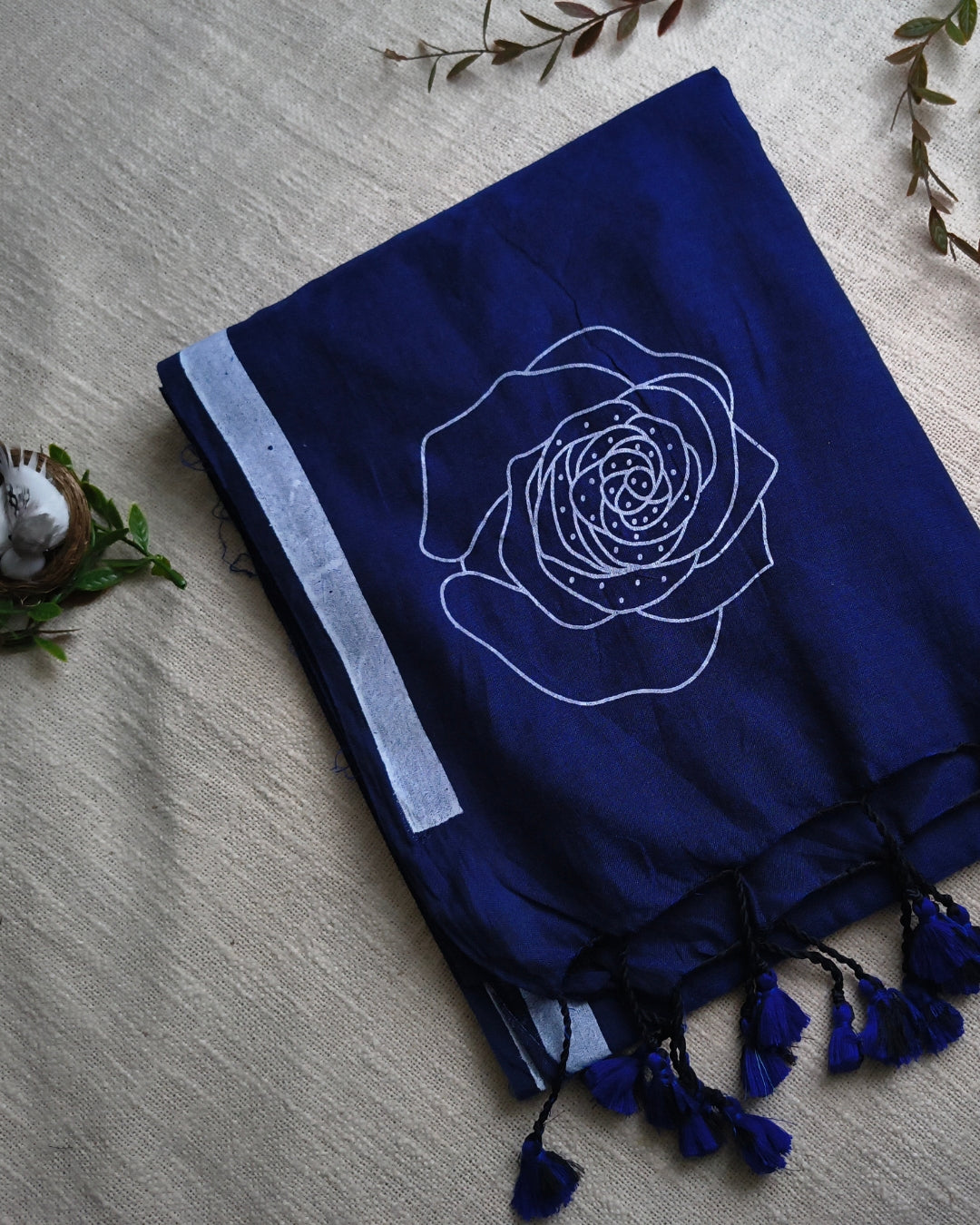Khadi Cotton Handloom Saree with Printed Floral Design - Navy Blue