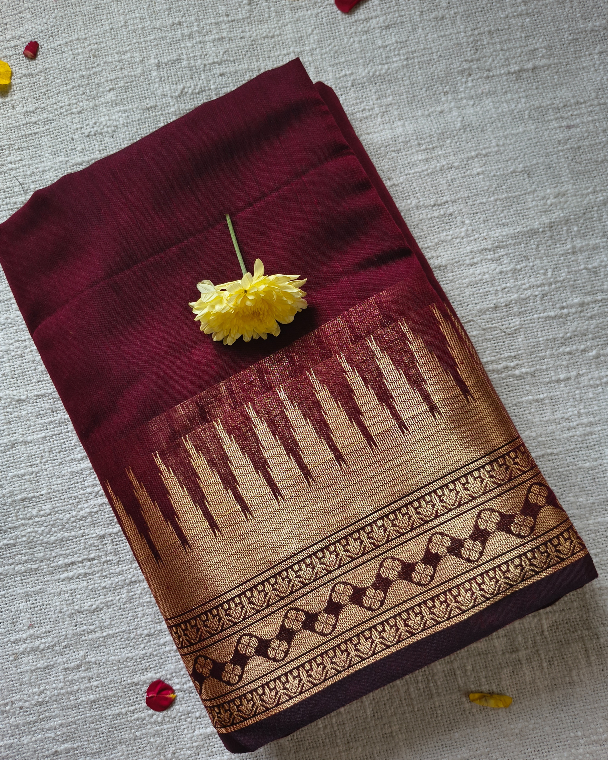 Maheshwari Silk Cotton Saree with Golden Temple Border– Classic Maroon MammaHug