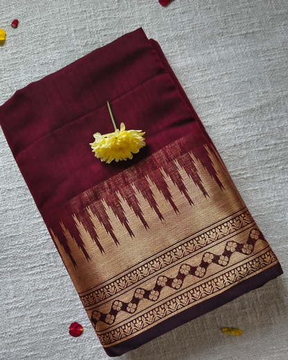 Maheshwari Silk Cotton Saree with Golden Temple Border– Classic Maroon MammaHug