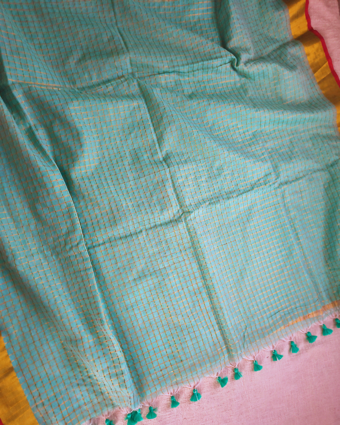 Mul Cotton Zari Checks Handloom Saree with contrast border - Sea Green MammaHug