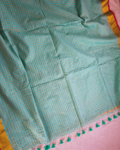 Mul Cotton Zari Checks Handloom Saree with contrast border - Sea Green MammaHug