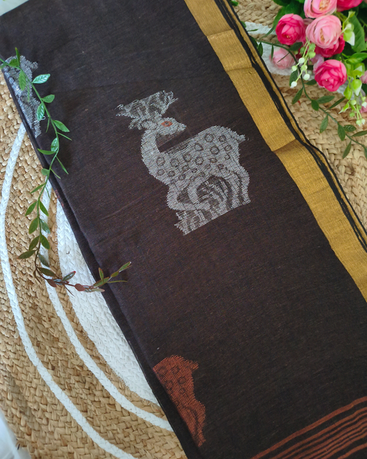 Premium Linen By Linen Handloom Saree - Brown